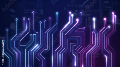 High-tech vertical circuit board lines and nodes glowing in cyan, blue, and purple hues on a dark backdrop. Ideal for cyber security presentations, motherboard hardware promos, data flow visuals, and 