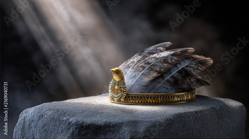 A golden crown adorned with feathers rests on a stone pedestal, illuminated by a dramatic spotlight