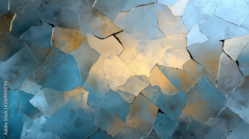 Abstract mosaic of broken ice pieces with warm and cool light reflections