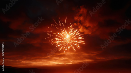 A stunning firework bursts in the night sky, painting the dark clouds with vibrant orange and red hues. The explosion is captured against a dramatic, ominous backdrop.