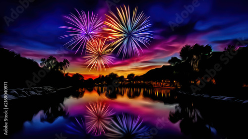 Spectacular fireworks illuminating the night sky above a tranquil lake, casting vibrant reflections. The sky displays a gradient of deep blues, purples.