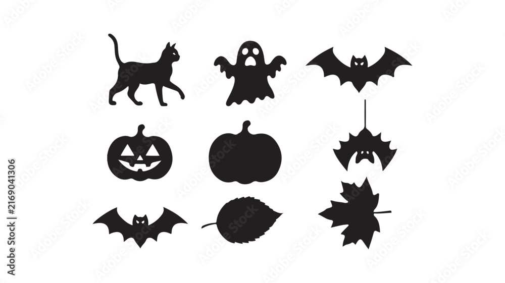 Fototapeta premium Halloween and Autumn Silhouette Collection with Black Cat, Ghost, Bats, Pumpkins and Leaves, Spooky Vector Illustration