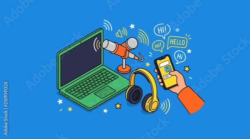 Podcast and Digital Communication Illustration with Laptop and Microphone