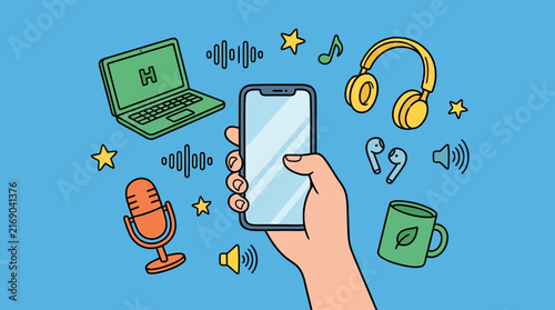 Hand holding smartphone with podcasting and digital audio icons illustration