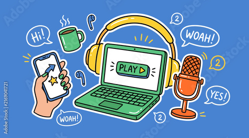 Hand drawn podcast equipment doodle with laptop and microphone