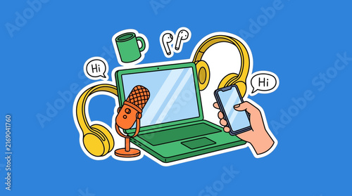 Laptop and digital multimedia equipment illustration for online communication and podcasting