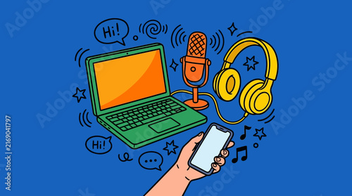 Podcast and digital content creation doodle illustration with laptop and headphones