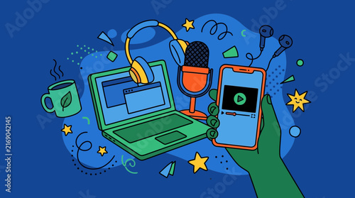 Flat Vector Illustration of Online Podcast and Content Creation Equipment