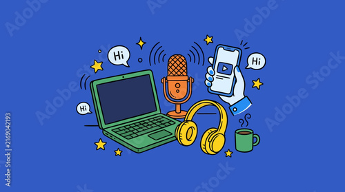 Digital content creation and podcasting equipment doodle illustration
