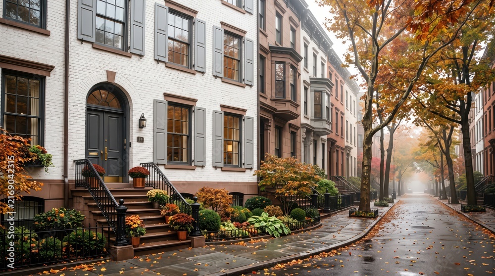 Fototapeta premium White brick townhouse with black door on autumn tree lined street