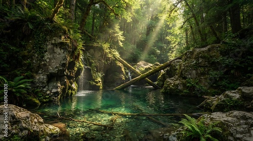 Sunlight Streams Through Lush Tropical Rainforest Canopy.
