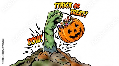 Pop art comic zombie hand bursting from ground holding trick or treat pumpkin bucket