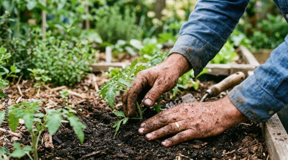 Fototapeta premium Close up of gardener hands planting a small green seedling in rich dark soil of a raised garden bed