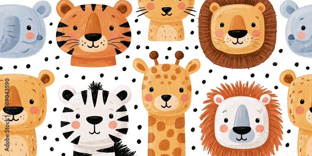 Naklejka premium Seamless pattern of cute safari animals in bright colors for nursery wallpaper and kids textile design Generative AI