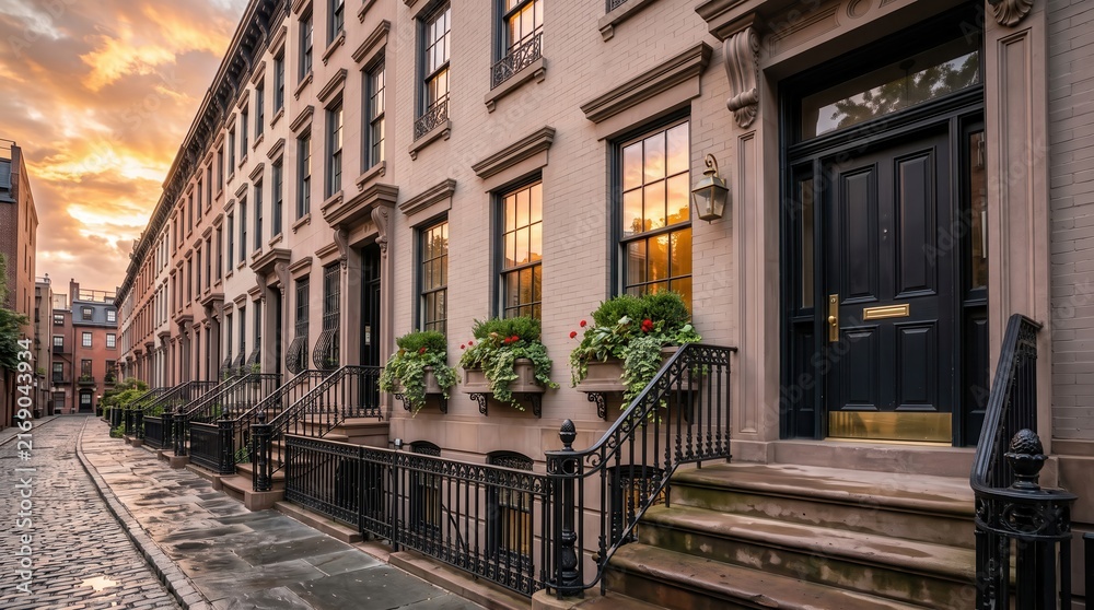 Fototapeta premium Black door townhouse row with flower boxes and cobblestone lane