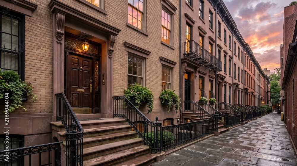 Fototapeta premium Brick townhouse entrance with sunset sky and narrow wet street