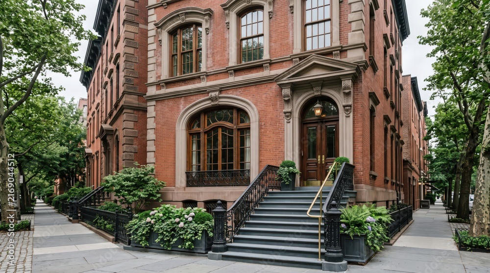 Naklejka premium Red brick townhouse entrance with arched windows and planters