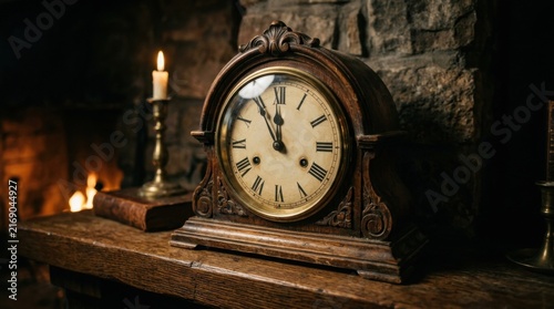 Antique wooden mantel clock with Roman numerals on a shelf next to a lit candle and fireplace