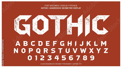 Gothic style display typeface featuring aggressive geometric letters with distressed vintage textures presented on a solid deep orange background design