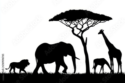 African safari wildlife silhouette with lion elephant and giraffe under acacia tree isolated on white background