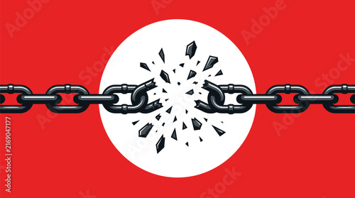 Broken metal chain links exploding into small sharp fragments symbolizing release and freedom with a bold graphic cartoon artistic style