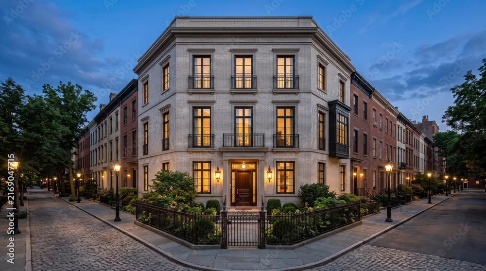 Obraz premium White brick corner townhouse with garden fence and illuminated windows