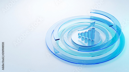 Abstract blue 3D business growth dashboard with rising bar chart, upward arrow, circular data rings and futuristic financial analytics design