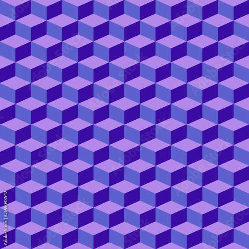 Abstract purple isometric cube pattern with 3D tumbling block optical illusion, geometric hexagon tessellation texture, seamless vector background for wallpaper, fabric and digital design