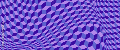 Abstract indigo purple cube pattern with flowing moire wave ripple effect, geometric checkerboard hexagon tile texture, seamless vector background for wallpaper, fabric, textile and digital design
