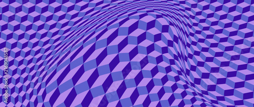 Abstract purple 3D cube pattern with wavy bulge distortion, geometric hexagon tile optical illusion texture, seamless vector background for wallpaper, fabric, textile and modern digital design