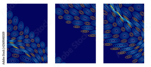 Abstract navy blue background with glowing ring bubble pattern, diagonal cascade of circular dots with orange center, seamless vector texture for wallpaper, technology, digital and futuristic design