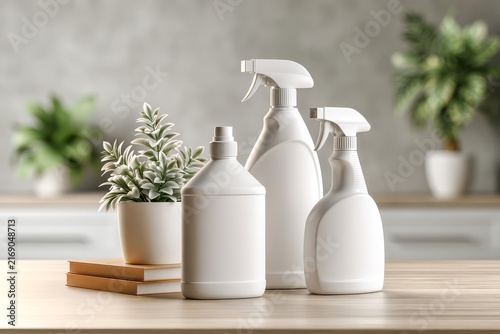 Cleaning supplies, on a neutral surface with soft studio light and clean shadows