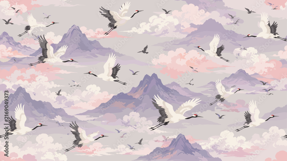 Obraz premium Elegant cranes soaring through pastel clouds and misty mountains