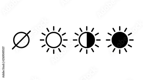 Set of brightness and contrast level icons, sun symbols with different fill levels for screen settings, user interface, and display adjustment, vector illustration isolated on transparent background