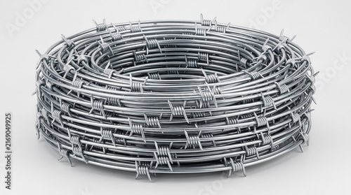 New coil of galvanized barbed wire on neutral background