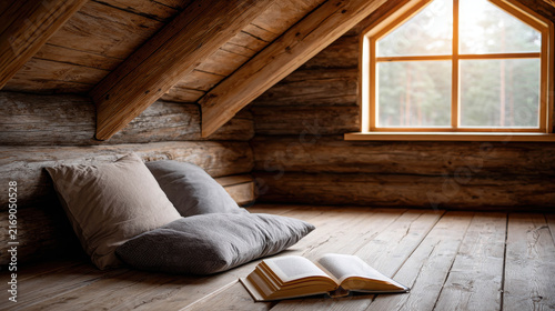 Cozy attic nook with a wooden floor, exposed beams, a window overlooking a forest, and soft cushions with an open book