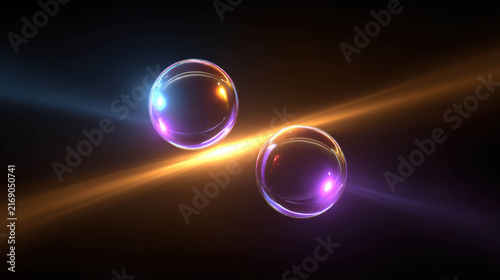 Two glowing spheres with iridescent colors floating in a dark background with beams of light emanating from them. The spheres are perfectly round and reflect the light in a dazzling display