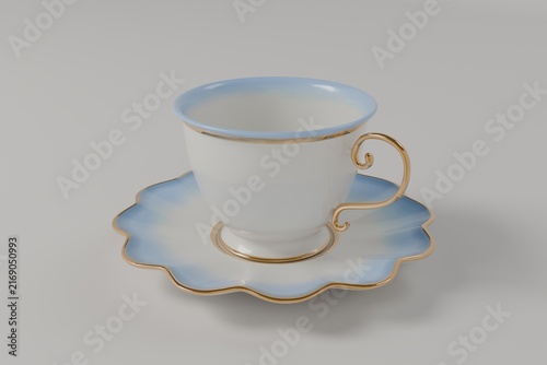 Elegant Blue and White Porcelain Tea Cup and Saucer with Gold Trim