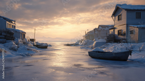 Frozen winter landscape with houses and boats on a calm sea under a warm sunrise
