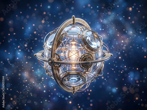 Intricate steampunk celestial sphere glows against blue star field