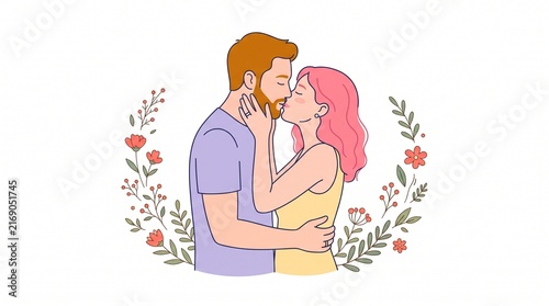 Couple kissing romantically with flowers