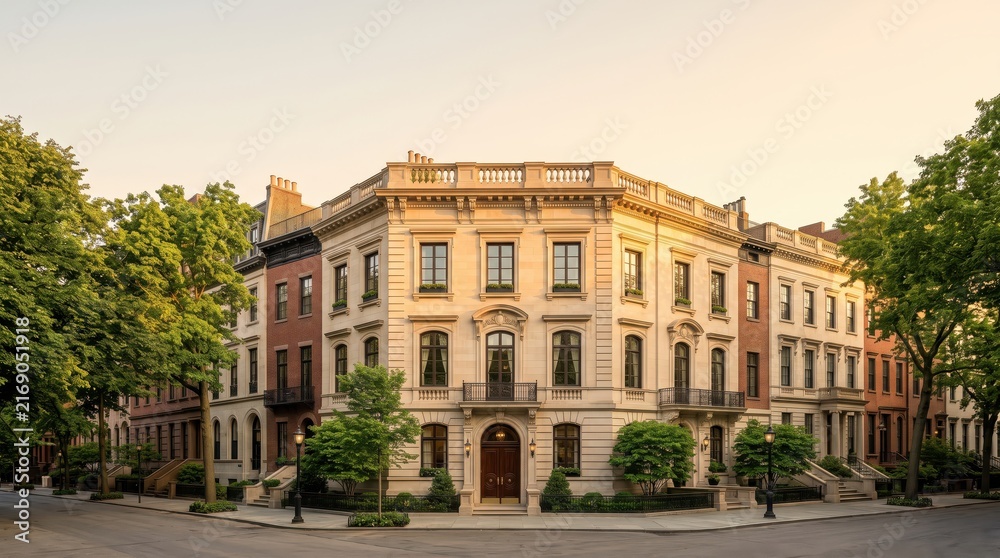 Fototapeta premium Classical corner mansion on quiet city street