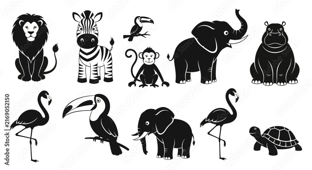 Naklejka premium Cute cartoon animal icons set black and white silhouette vector wildlife graphics collection for design zoo safari