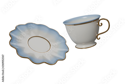 Elegant Blue and White Porcelain Tea Cup and Saucer with Ornate Gold Details