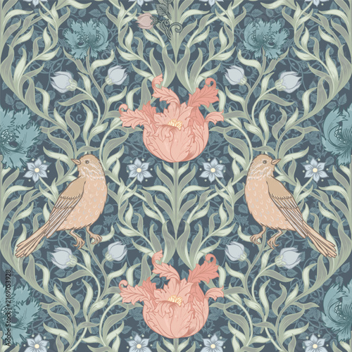 Seamless vector pattern inspired by William Morris and the Arts and Crafts movement, featuring stylized plants, flowers, and birds in a vintage ornamental design ideal for textiles and wallpaper.