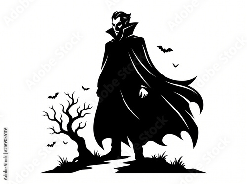 Bild auf Leinwand Vampire Dracula Silhouette with Cape and Spooky Tree Vector