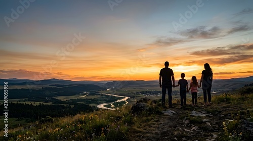 Silhouette of a happy family standing on a mountain peak looking at a beautiful golden sunset