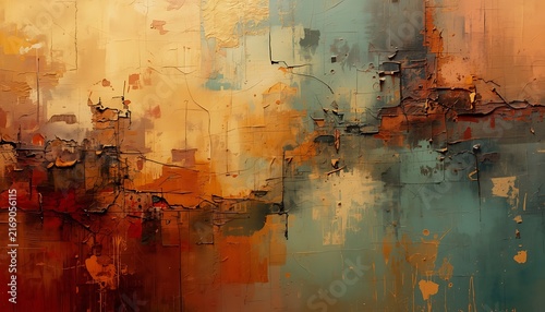 Abstract oil painting background with textured brush strokes in warm earth tones, orange, and teal