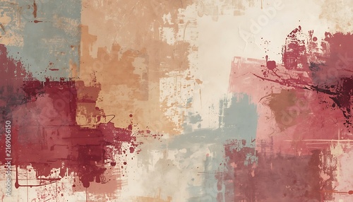 Abstract watercolor painting background with red, beige, and blue grunge textures, artistic distressed canvas illustration