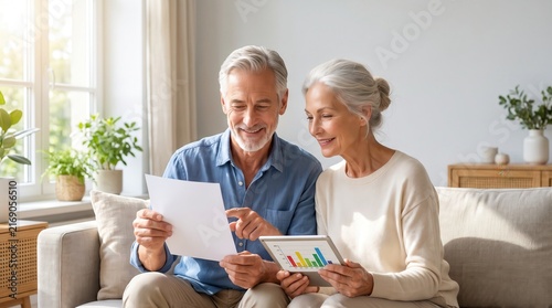 A happy couple reviews documents and charts together, showcasing teamwork and affection in a cozy home environment.